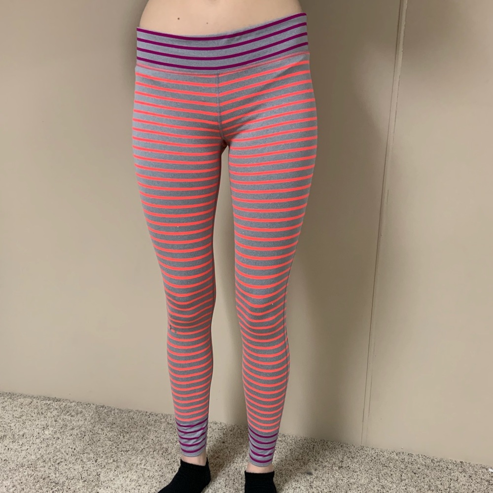 Under armour leggings. Gray, orange and purple.